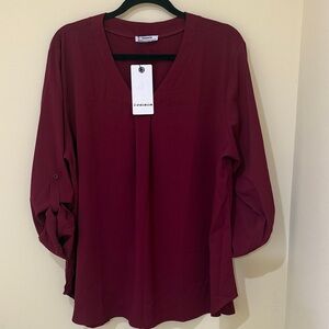 Women's Burgundy Top Classic V-Neck lightweight top Casual business Blouse XXL
